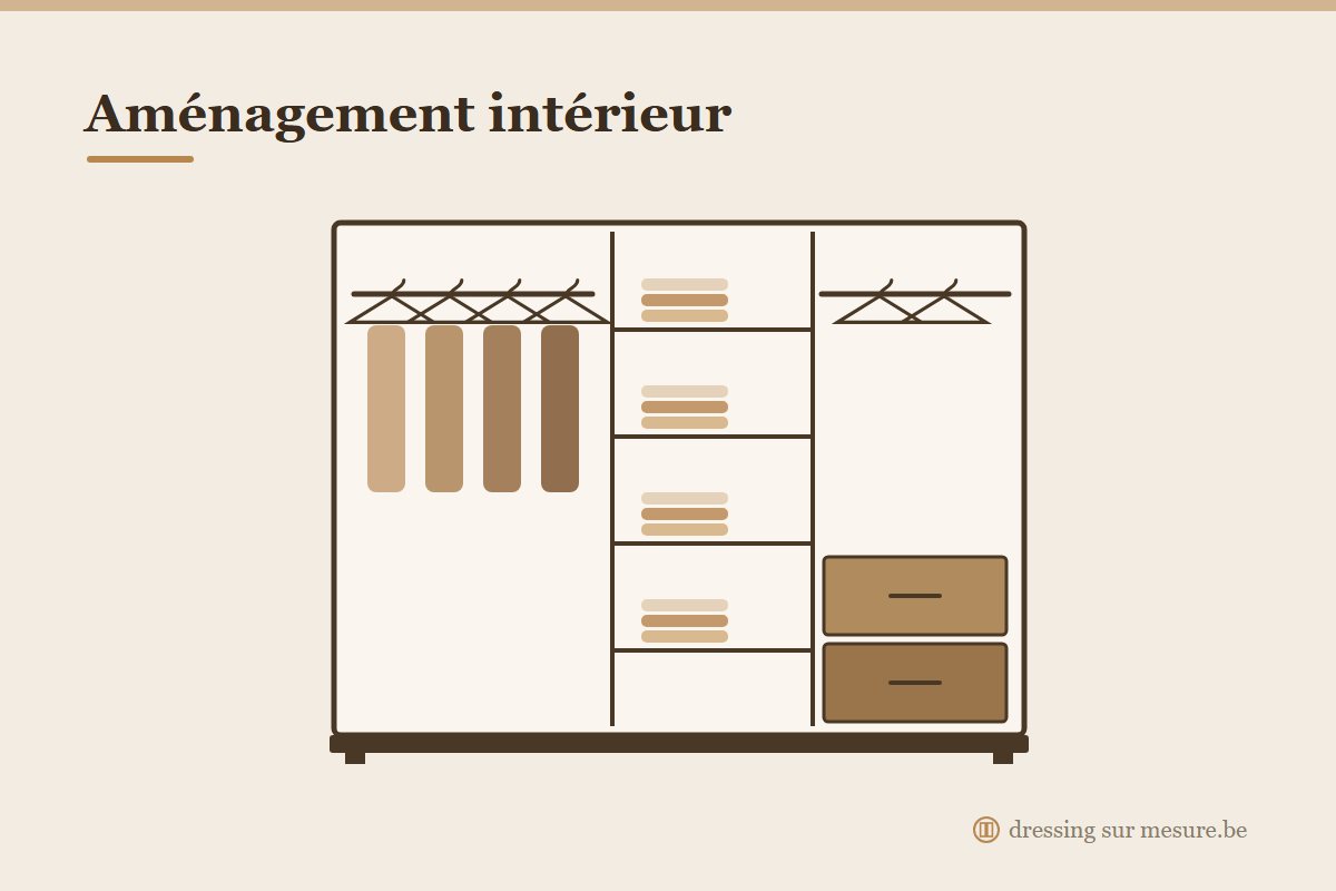 Aménagement intérieur d'un placard sur mesure : penderie, étagères et tiroirs