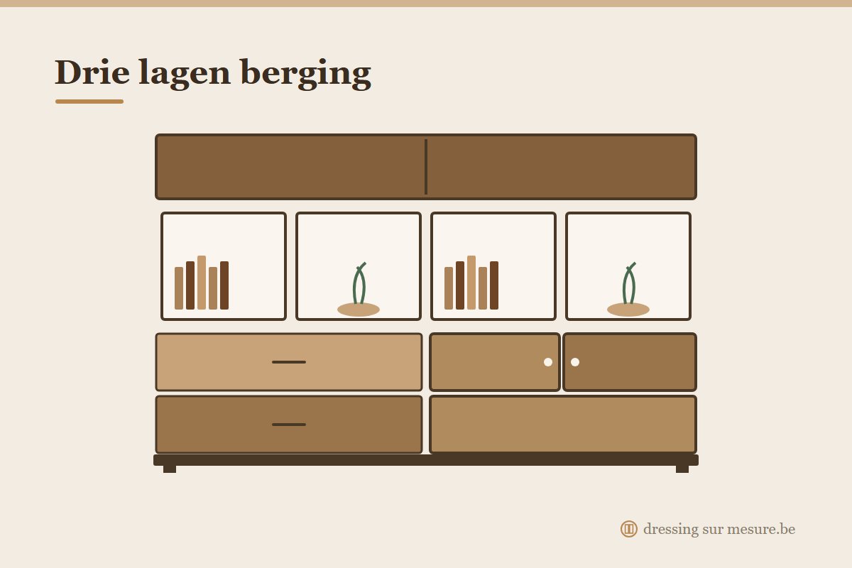 Kastenwand op maat met dressoir en open nissen in de woonkamer