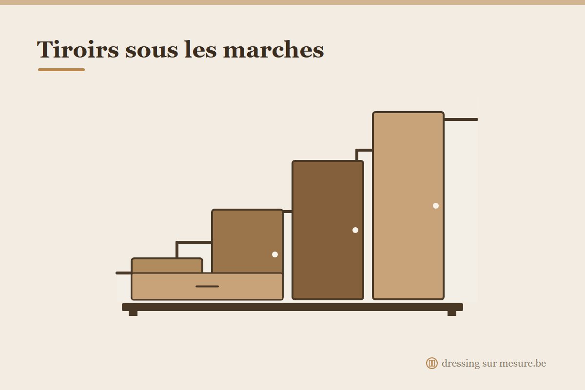 Rangement sous escalier avec tiroirs et portes par hauteur de marche